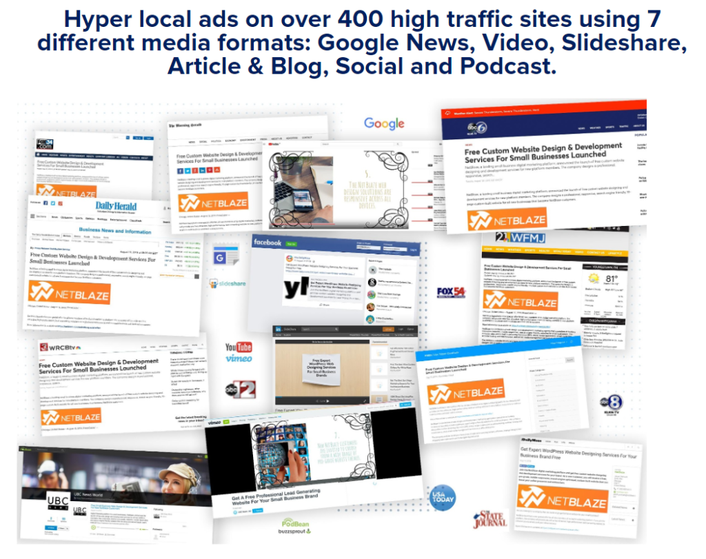 Hyper local ads service that creates and publishes ads on various platforms